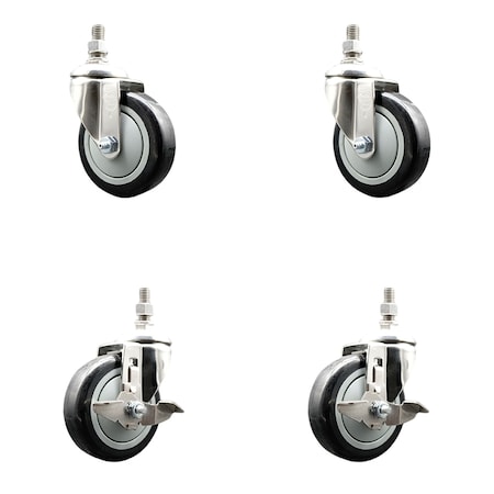 Service Caster 4 Inch 316SS Black Polyurethane Swivel 10mm Threaded Stem Caster Brake, 2PK SS316TS20S414-PPUB-BLK-M1015-2-TLB-2